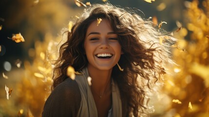 Young woman smiles warmly amidst the golden leaves of autumn.