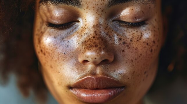 Close up of freckles on mixed race woman with her eyes closed 