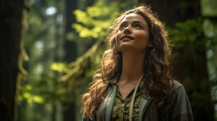 Young woman gazes upwards, her expression one of hope and serenity, amidst the tranquility of a forest.