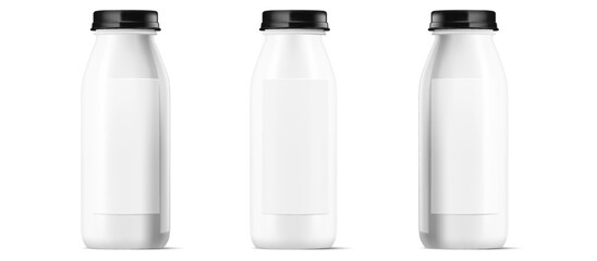 Set of three sleek white bottles with black caps, versatile for milk, cream, or dessert drinks. Isolated vector illustration, front view with blank label for design mockup. Vector illustration.
