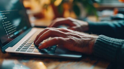 Closeup of man's hands typing on a keyboard of computer in corporate, creative and business office. Male employee doing research on internet or programming web development and design with technology
