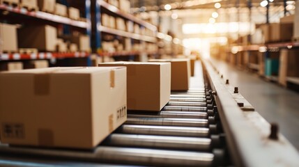 Fototapeta premium Closeup of multiple cardboard box packages seamlessly moving along a conveyor belt in a warehouse fulfillment center, a snapshot of e-commerce