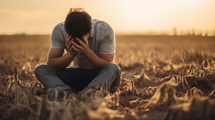Depressed man sitting in the middle of the field