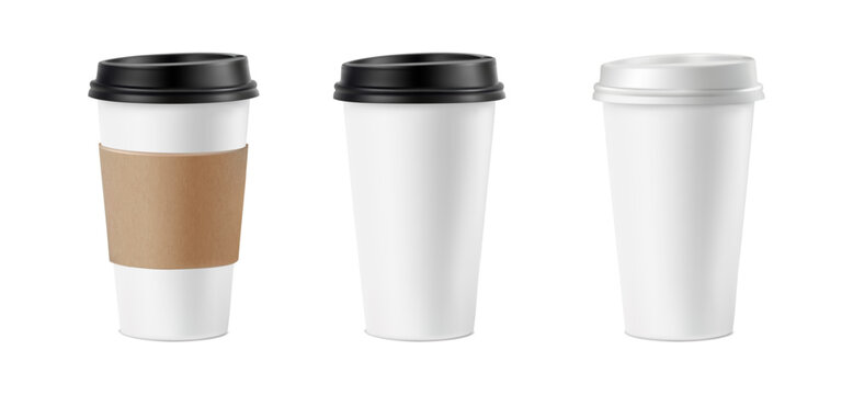 3d realistic vector icon illustration. White paper coffee cup with black lid. Isolated on white background.