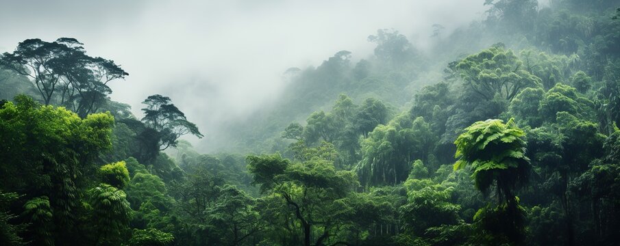 Fototapeta view of tropical forest with fog in the morning during the rainy season  