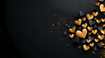 Valentine's Day festive background with gold and black hearts on dark background with white space