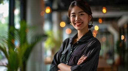 Fototapeta premium Confident smiling young professional Asian business woman corporate leader, happy japanese female employee, company sales marketing manager