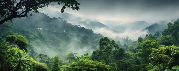 view of tropical forest with fog in the morning during the rainy season	

