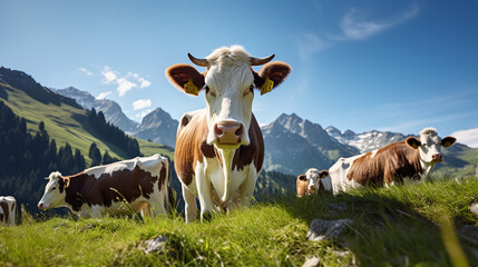 cows in high mountain pastures in autumn, AI Generative. - obrazy, fototapety, plakaty