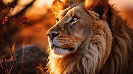 A majestic lion gazes into the distance, its mane catching the golden light of the savannah. - obrazy, fototapety, plakaty