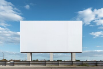 Modern building facade with a large blank billboard against a blue sky with clouds.