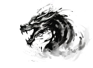 Dragon watercolor painting with black ink on white background traditional Chinese style. Mythical creatures, Ancient animals. Illustration, Generative AI. - obrazy, fototapety, plakaty