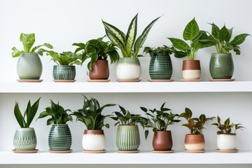 Collection Of Houseplants In Ceramic Pots On White Shelf