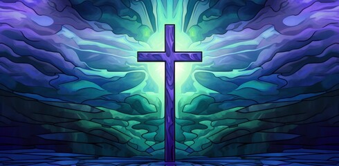 Cross illustration, colors and effects in green, Easter and faith concept. Generative AI