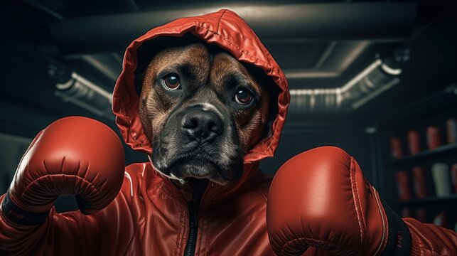 A focused canine athlete dons boxing gloves ready for action
