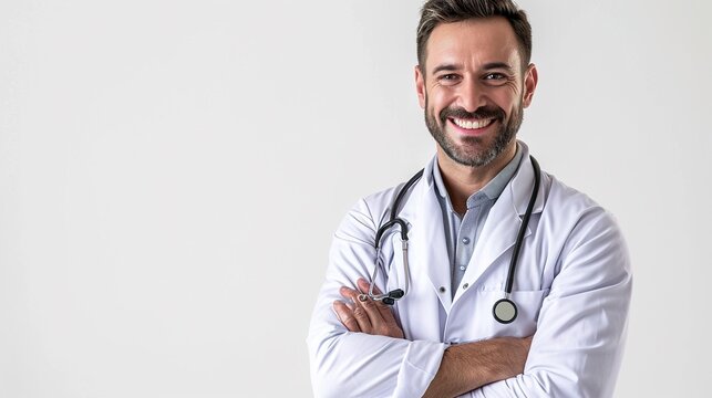 Doctor, man and arms crossed in portrait with smile and confidence isolated on white background. Medical professional, happy male physician in studio and healthcare employee with success and pride