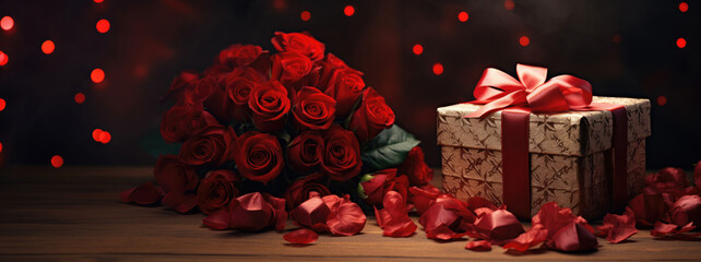 Gift box, bouquet of fresh roses and festive red hearts on dark background. Gift concept for Valentine Day, Wedding or Birthday, flat lay