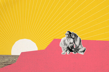 Artwork collage picture of two black white colors partners hug enjoy moment painted sun set sea...