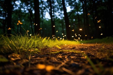 Summer Fireflies From Ground Level Offers Ground Perspective Of Fireflies At Dusk