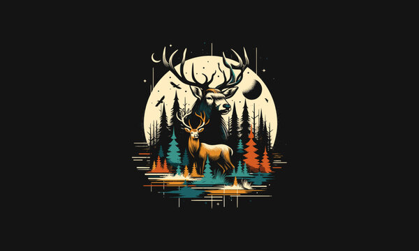 big deer on forest big tree vector artwork design