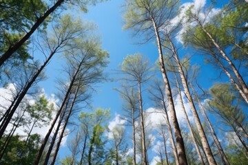 Fototapeta premium The Majestic Forest: Glimpse Of Trees Beneath A Blue Sky