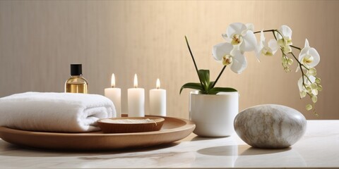 Fototapeta na wymiar Spa treatment setup with herbal compresses, wooden bowls, and bottles on a white marble surface.