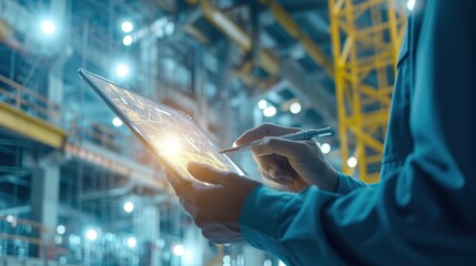 Engineer and Architect analyzing of under construction project with technology and new innovative on digital tablet and icon network of construction