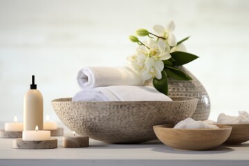 Fototapeta na wymiar Spa treatment setup with herbal compresses, wooden bowls, and bottles on a white marble surface.