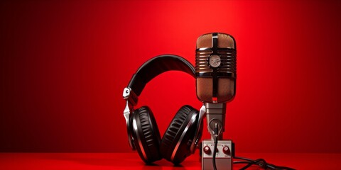 Vintage style microphone and headphones on a vibrant red background. - obrazy, fototapety, plakaty