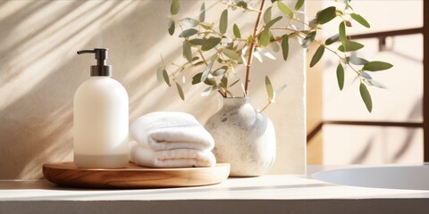 Amber glass soap dispenser on a stone surface with eucalyptus leaves and a white towel.