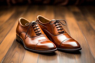 A pair of polished brown leather shoes on a rustic wooden floor.