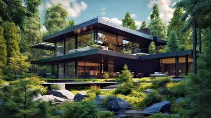 A modern eco-house made of wood and large panoramic windows in the middle of green trees in a dense forest. A luxurious house in nature