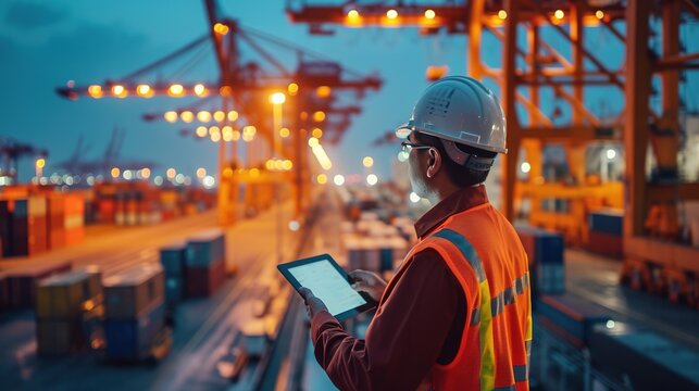 Engineer wearing uniform inspection and see detail on tablet with logistics container dock cargo yard with working crane bridge in shipyard with transport logistic import export
