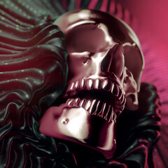 Mystical background with metallic human skull in folds of dark shiny fabric. 3d rendering digital illustration