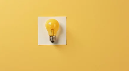 Foto op Plexiglas Illustration of light bulb and piece of paper for note taking, concept of ideas and creativity, yellow background. Generative AI © Deivison