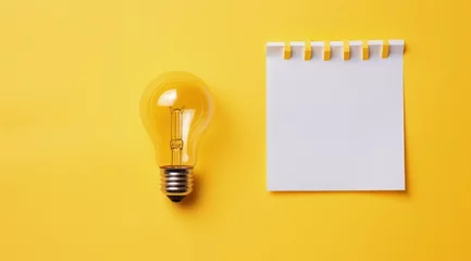 Foto op Plexiglas Illustration of light bulb and piece of paper for note taking, concept of ideas and creativity, yellow background. Generative AI © Deivison