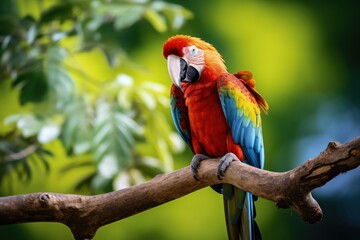Obraz premium Landscape with beautiful red macaw on the branch of a tree, forest in the background, wildlife concept. Generative AI
