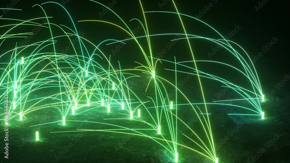 Sticker neon light trails curve through a dark landscape in this 3d animation, creating an electric night.