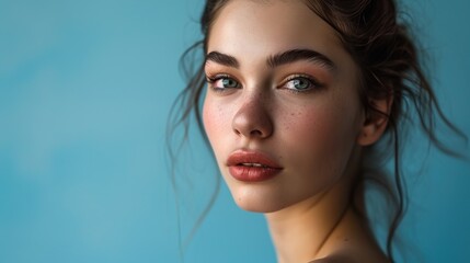 Face, beauty and hair with a model woman in studio on a blue background for haircare or wellness. Salon, hairstyle and cosmetics with an attractive young female posing to promote keratin treatment