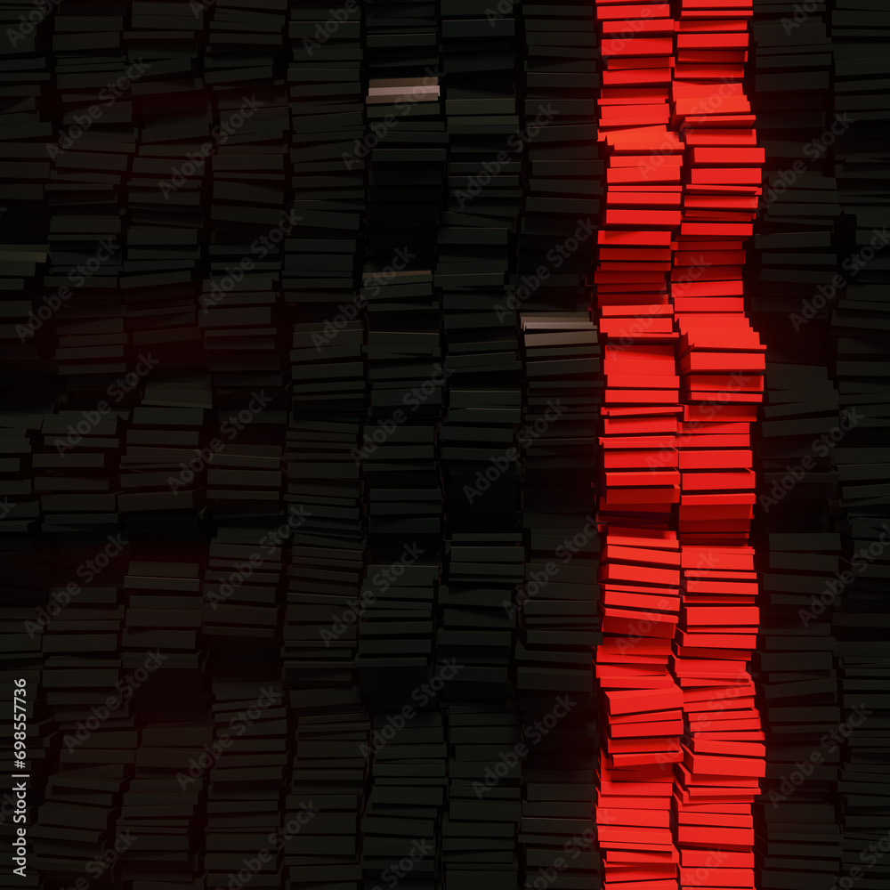 Poster A stack of red and black rectangles stacked in rows to create a visually striking pattern. 3d rendering illustration