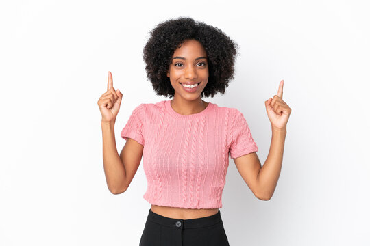 Young African American woman isolated on white background pointing up a great idea