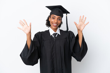 Young university graduate African American woman isolated on white background counting ten with fingers