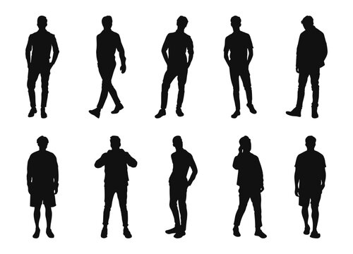 Set of casual man standing silhouettes 