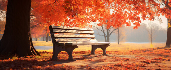 Autumn park scene with bench and fallen leaves. Digital art