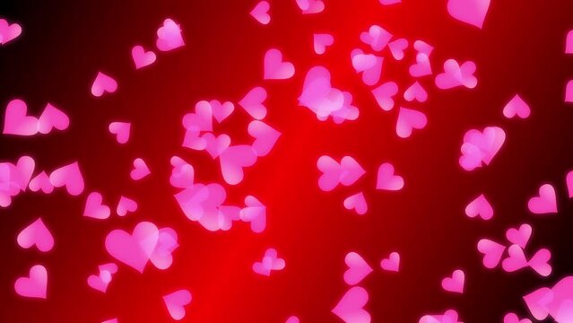 Abstract background footage with transparent pink heart spinning and falling on red background. For Happy Valentine's day and wedding ceremony.