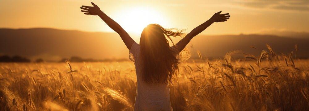 Landscape with woman with open arms in an open field, sunset in the background. Generative AI