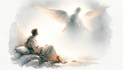 An Angel appears to Joseph. Biblical. Christian religious watercolor Illustration