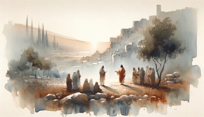 Judean Ministry of Jesus. Biblical. Christian religious watercolor Illustration - obrazy, fototapety, plakaty