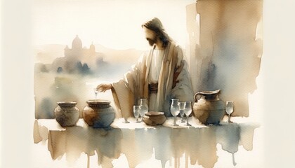 1st Miracle. Jesus, water changed to wine. Biblical. Christian religious watercolor Illustration - obrazy, fototapety, plakaty