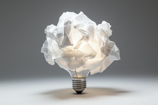 Light bulb and crumpled paper ball, concept of ideas and business, digital illustration. Generative AI